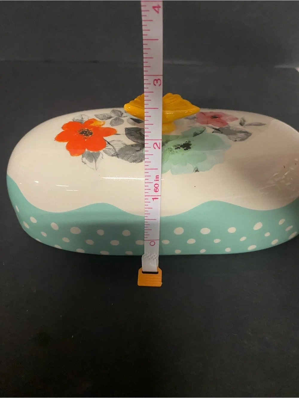 Pioneer WomanCeramic Floral Butter Dish with Yellow Butterfly Handle, retired